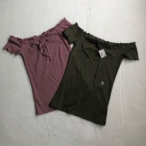 Aeropostale Green and Pink Off the Shoulder Tops